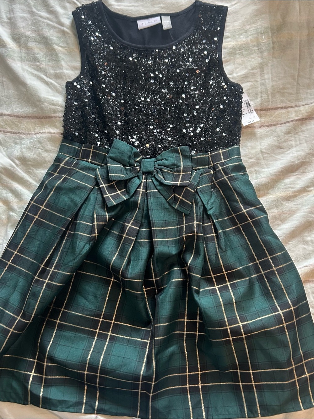 The Children's Place NWT Girl’s Black Sequin Green Plaid Bow Dress 10-12